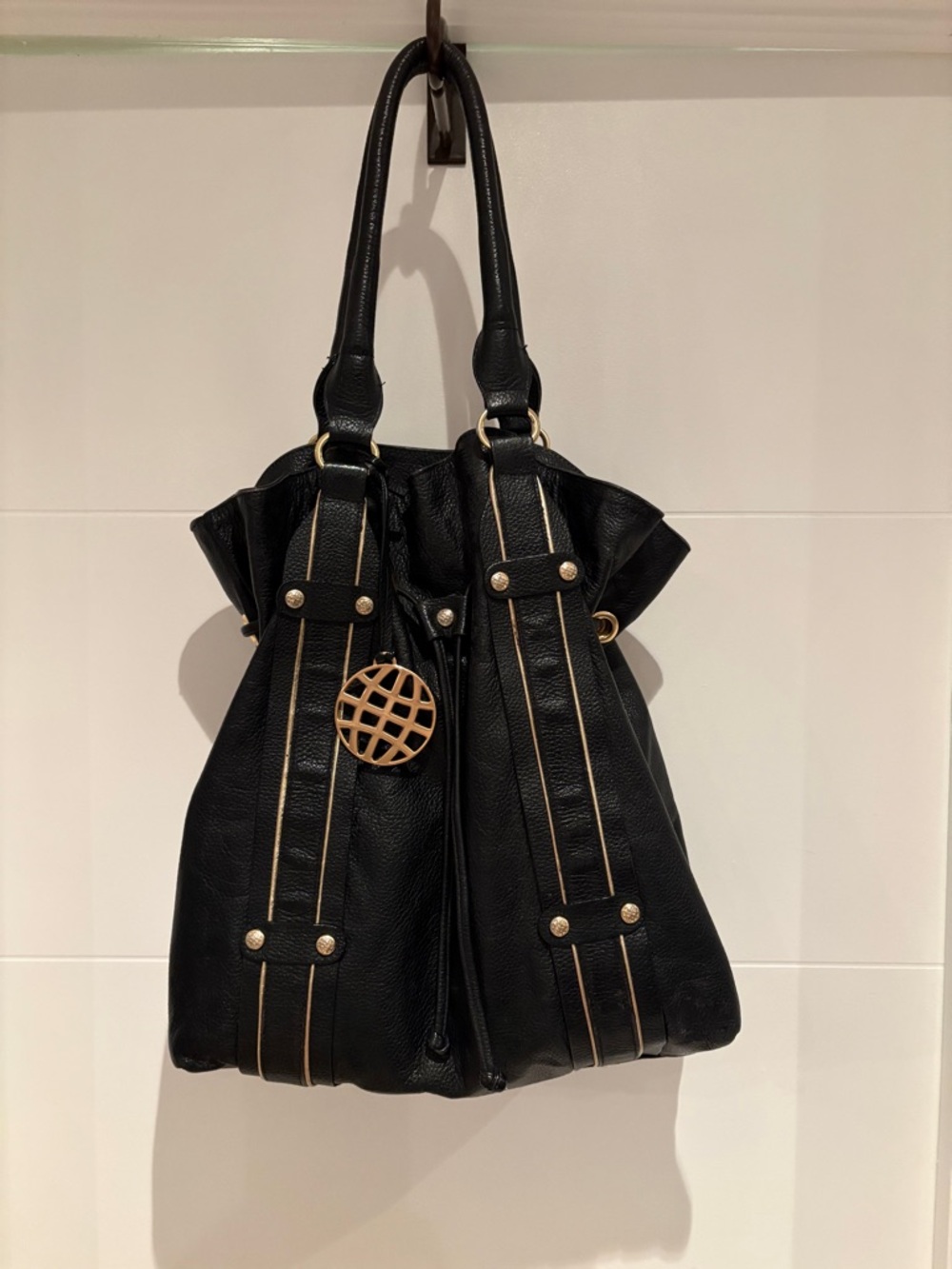 Black Leather Shoulder Tote with Gold Accent Trim